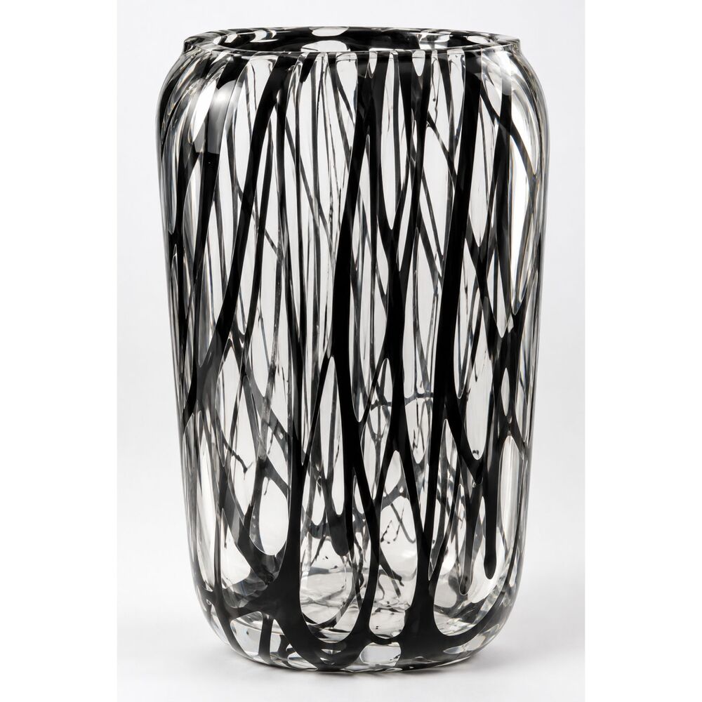 Large Hand Blown Clear Art Glass Vase Black Abstract Web Drip Design Modernist